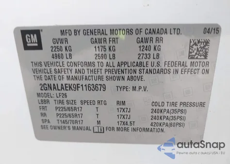2015 Chevrolet Equinox Ls from USA, damaged, VIN 2GNALAEK9F1163679
